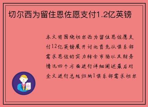 切尔西为留住恩佐愿支付1.2亿英镑